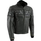 Milwaukee Leather Men's Futile CE Armored Leather Motorcycle Jacket w/ Hoodie Liner, Reflective Skull - LKM17016