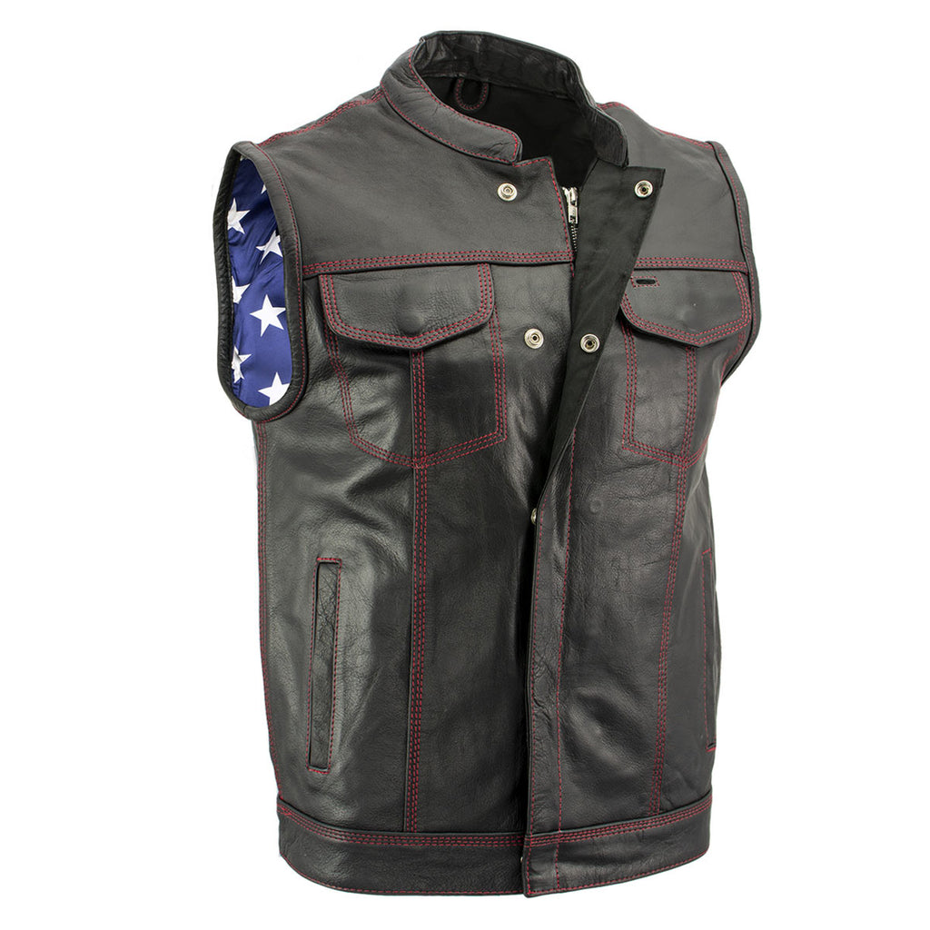 Milwaukee Leather LKM3780 Men's Black Premium Leather Motorcycle Rider Vest w/ Red Stitching and USA Inside Flag Lining