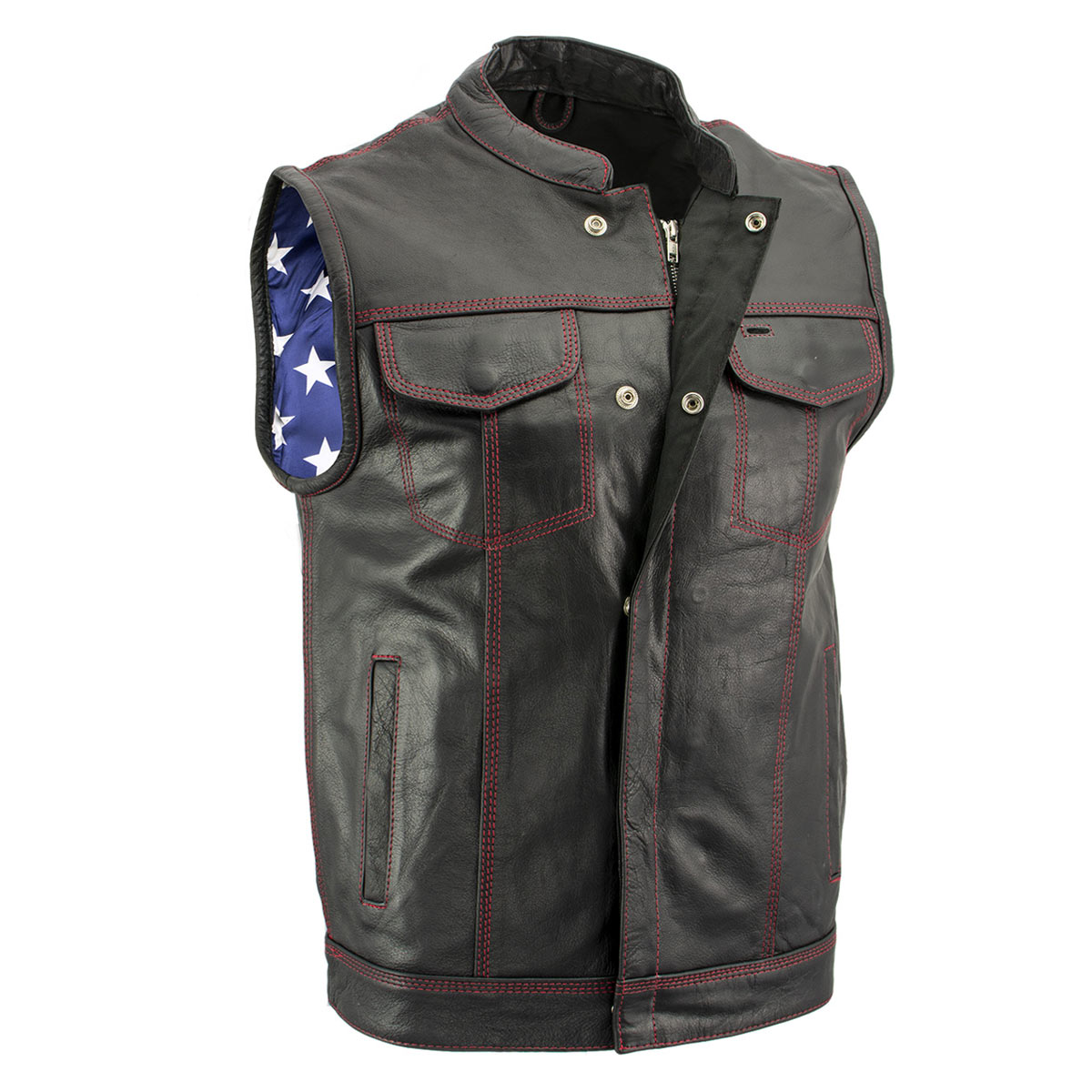 Milwaukee Leather LKM3780 Men's Black Premium Leather Motorcycle Rider Vest w/ Red Stitching and USA Inside Flag Lining
