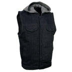 Milwaukee Leather Men's Rustic Black Denim Motorcycle Riding Vest with Removable Hoodie - MDM3082