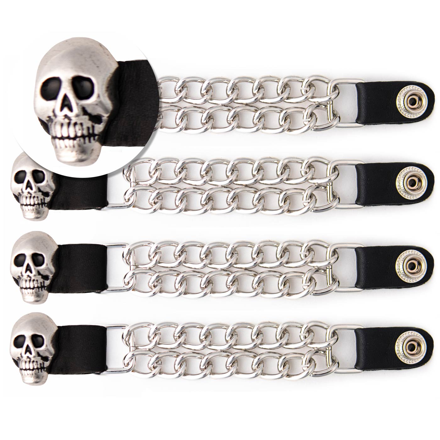 Milwaukee Leather Skull Head Medallion Vest Extender - Double Chrome Chains Genuine Leather 6.5" Extension 4-PCS MLA6019SET