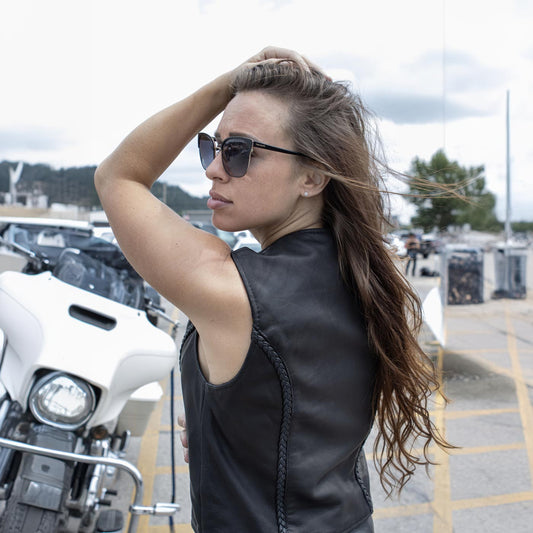 Milwaukee Leather SH1246Z Women's Black Leather Classic Braided Motorcycle Rider Vest with Zipper Closure