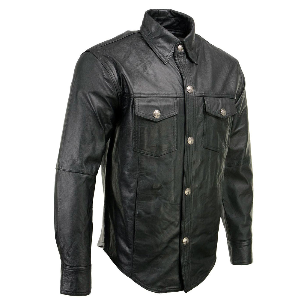 Milwaukee Leather MLM1611 Men's Premium Black Leather Casual Biker Rider Shirt w/ Vintage 5 Cent Buffalo Buttons