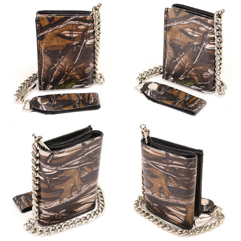 Milwaukee Leather MLW7804 Men's 4” Camouflage Tri-Fold Leather Biker Wallet w/ Anti-Theft Stainless Steel Chain