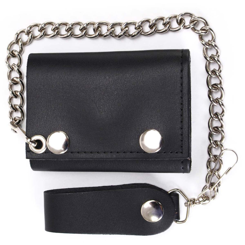 Milwaukee Leather MLW7831 Men's 4" Classic Black Plain Genuine Leather Tri-Fold Biker Wallet w/ Anti-Theft Stainless Steel Chain