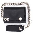 Milwaukee Leather MLW7831 Men's 4" Classic Black Plain Genuine Leather Tri-Fold Biker Wallet w/ Anti-Theft Stainless Steel Chain