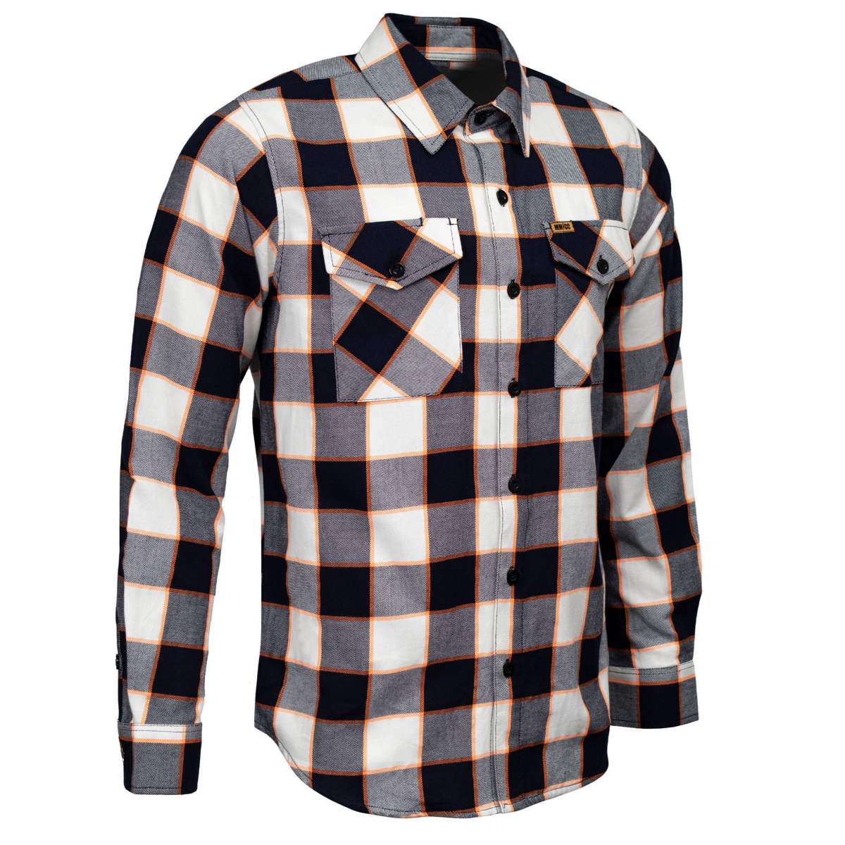 MMCC Men's Alpha Navy White Orange Plaid Flannel Shirt - 100% Cotton with Microfiber Wipe Panel - MMC11604