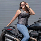 Milwaukee Motorcycle Clothing Co. Women’s Liberty Black and Purple Leather V-Neck Biker Vest w/ Side Lacing MMC40006