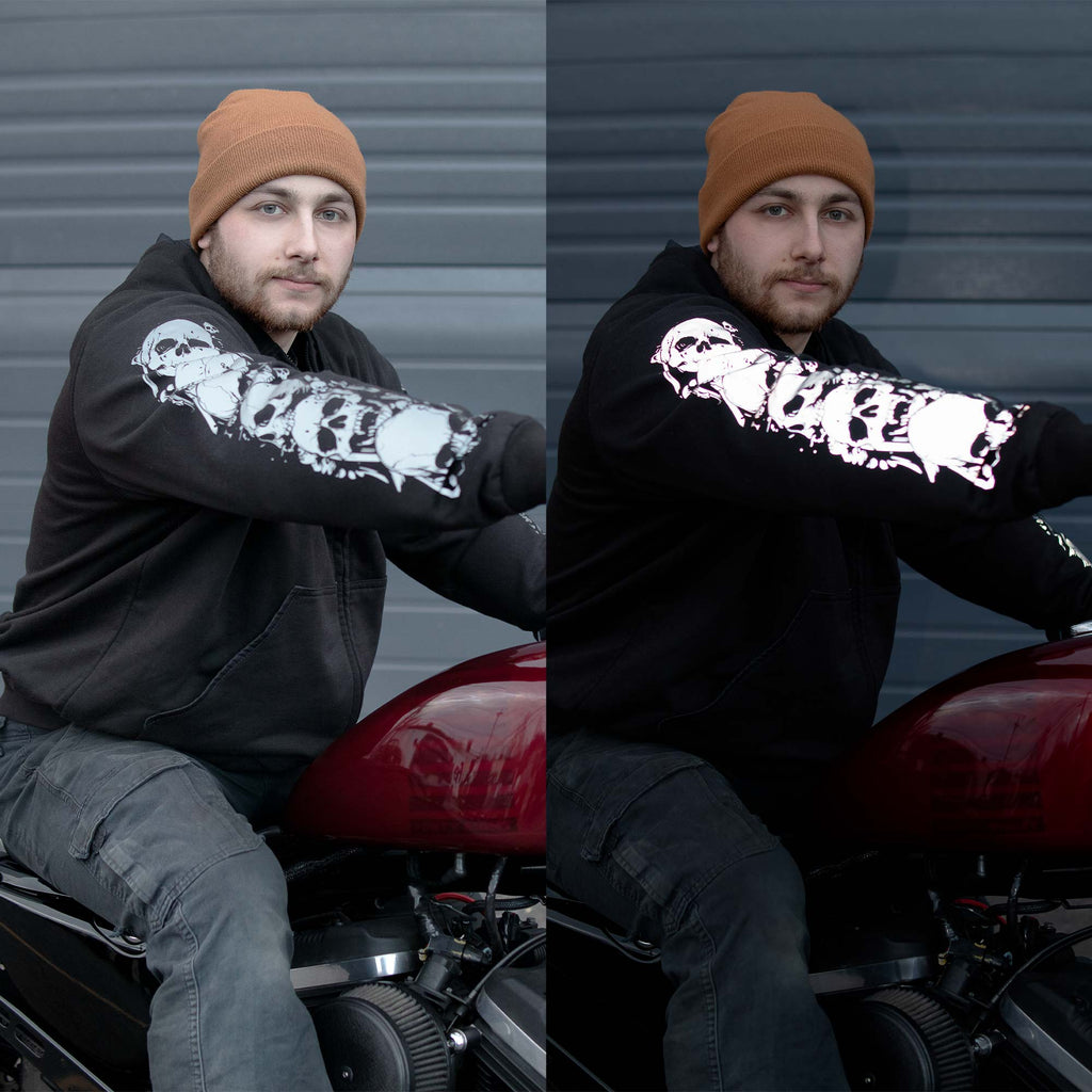 MMCC Men’s Bare Bones Hoodie - Reflective Skull Graphics Front & Back, Full Zip, 100 % Cotton - MPM1680