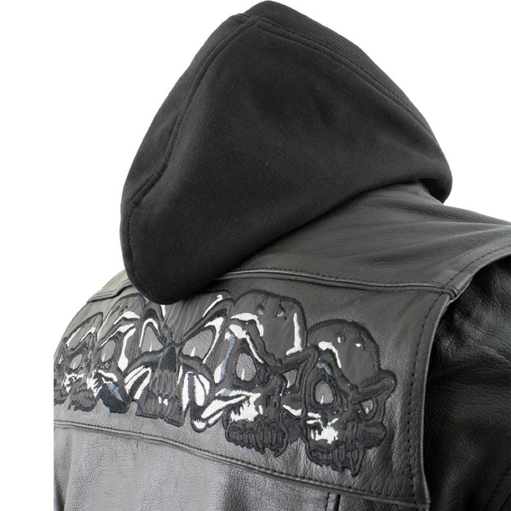 Milwaukee Leather Men's Futile CE Armored Leather Motorcycle Jacket w/ Hoodie Liner, Reflective Skull - LKM17016