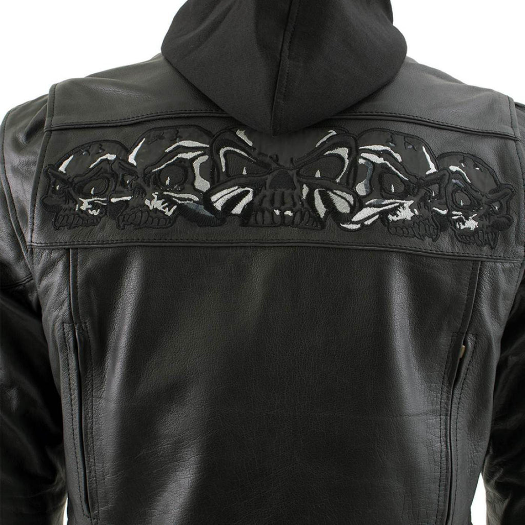 Milwaukee Leather Men's Futile CE Armored Leather Motorcycle Jacket w/ Hoodie Liner, Reflective Skull - LKM17016