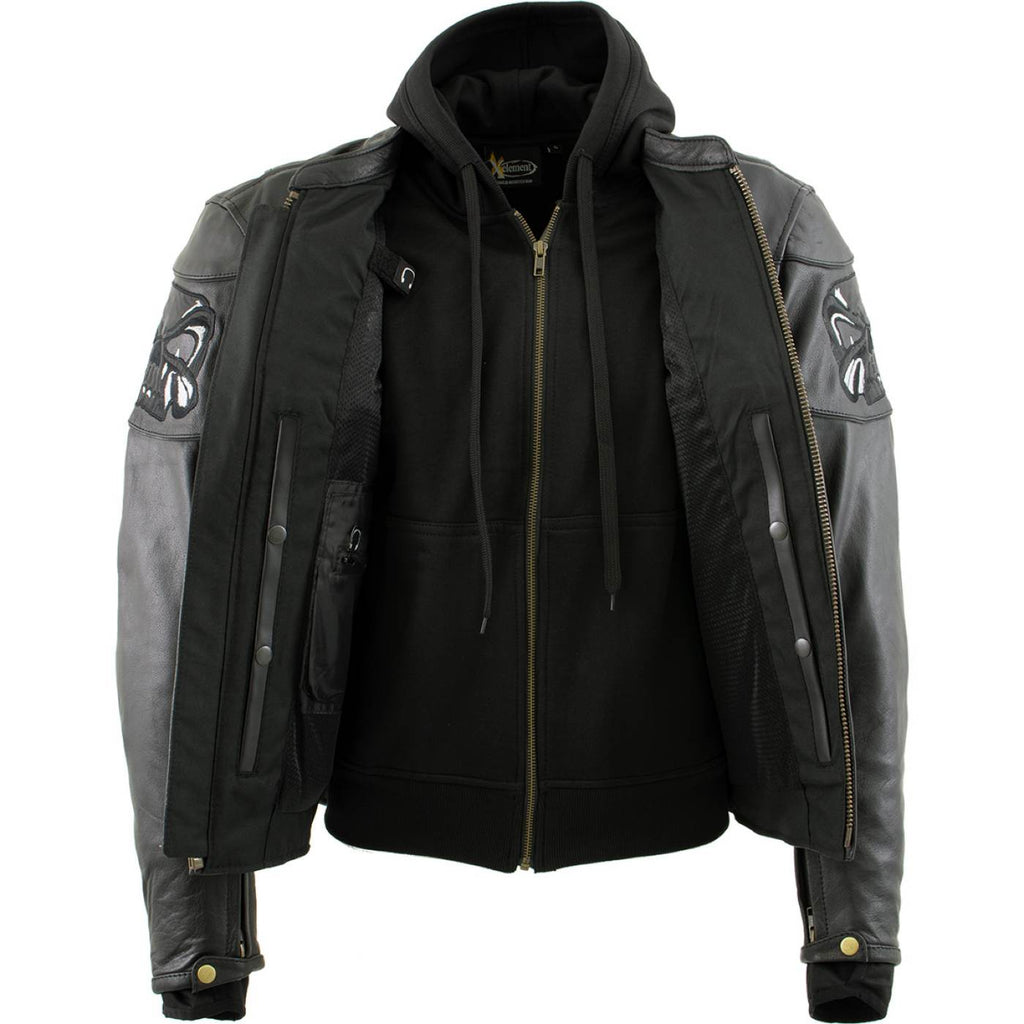 Milwaukee Leather Men's Futile CE Armored Leather Motorcycle Jacket w/ Hoodie Liner, Reflective Skull - LKM17016