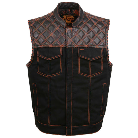 Milwaukee Leather MDM3037 Men's 'Wrecker' Black Denim and Leather Club Style Vest w/ Diamond Quilt Design