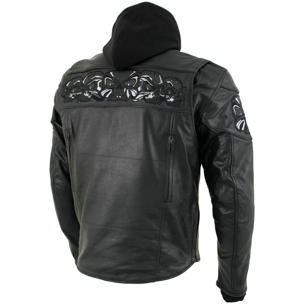 Milwaukee Leather Men's Futile CE Armored Leather Motorcycle Jacket w/ Hoodie Liner, Reflective Skull - LKM17016