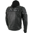Milwaukee Leather Men's Futile CE Armored Leather Motorcycle Jacket w/ Hoodie Liner, Reflective Skull - LKM17016