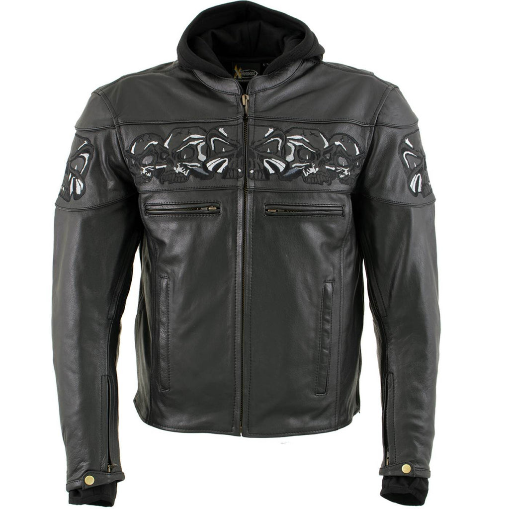 Milwaukee Leather Men's Futile CE Armored Leather Motorcycle Jacket w/ Hoodie Liner, Reflective Skull - LKM17016