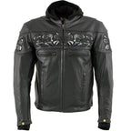 Milwaukee Leather Men's Futile CE Armored Leather Motorcycle Jacket w/ Hoodie Liner, Reflective Skull - LKM17016