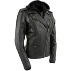 Milwaukee Leather LKL2739 Women's Black Premium Leather Vented Motorcycle Biker Jacket w/ Hoodie