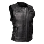 Milwaukee Motorcycle Clothing Co. Women's Gixxer Black Premium Leather Vest w/ Round Neck Side Buckle MMC40003