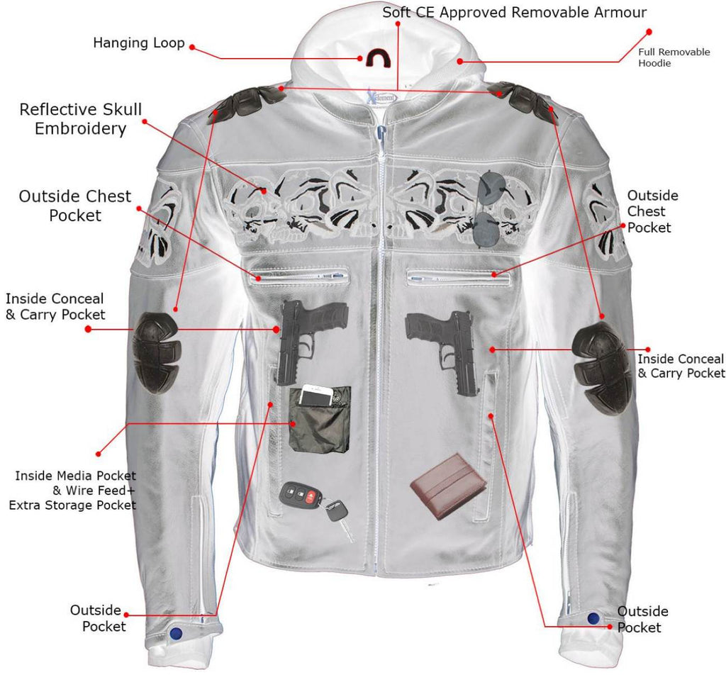 Milwaukee Leather Men's Futile CE Armored Leather Motorcycle Jacket w/ Hoodie Liner, Reflective Skull - LKM17016
