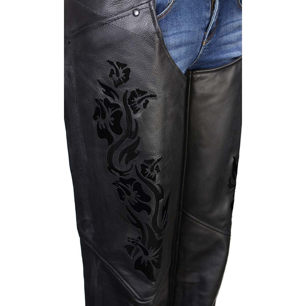 Milwaukee Leather Women's Leather Motorcycle Chaps w/ Embroidery Detail, Adjustable Fit Riding Gear - LKL16701