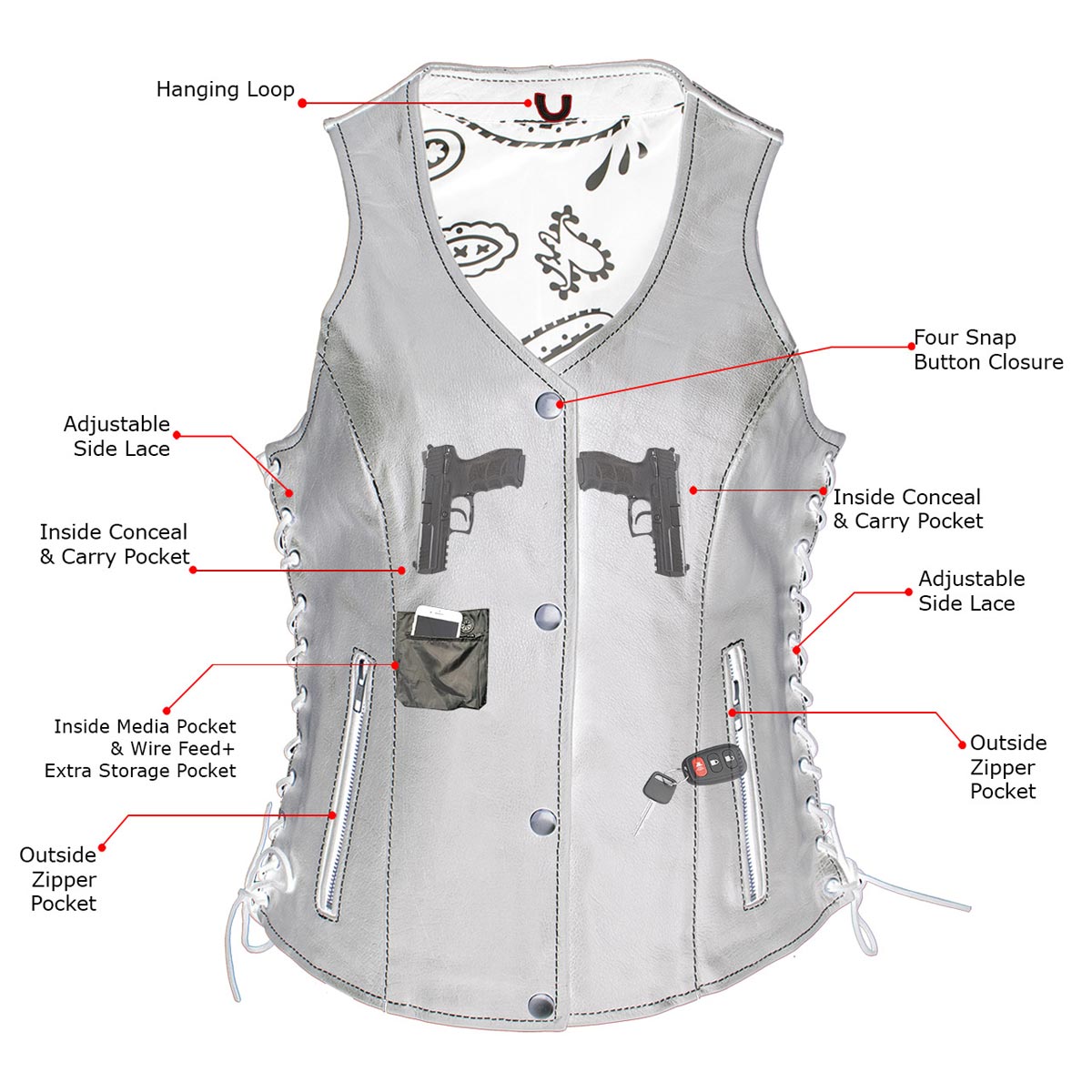Milwaukee Leather LKL4711 Women's Black Premium Leather Motorcycle Vest with Side Lace Adjustment
