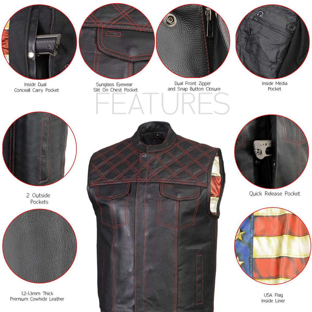 Milwaukee Leather LKM3782 Men's Classic Black Premium Leather Motorcycle Vest with USA Flag Liner