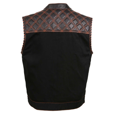 Milwaukee Leather MDM3037 Men's 'Wrecker' Black Denim and Leather Club Style Vest w/ Diamond Quilt Design