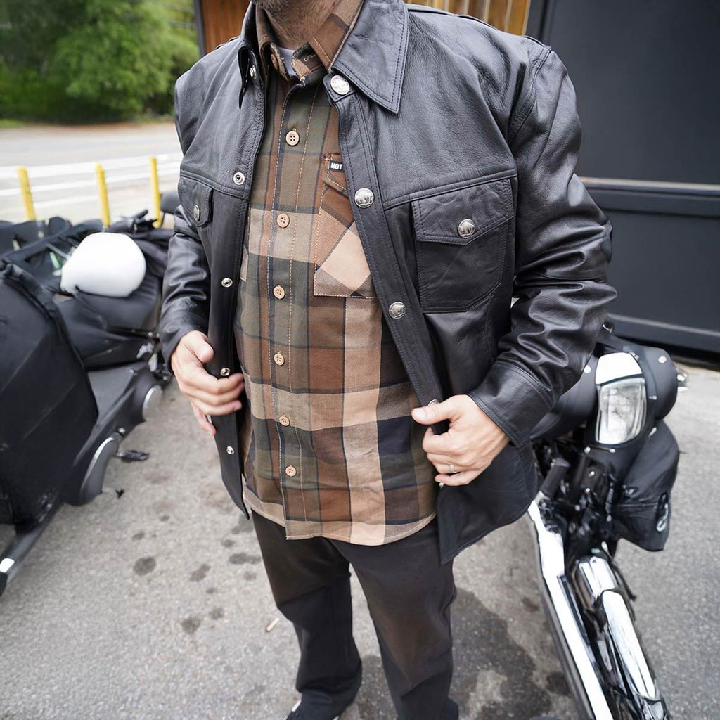 Milwaukee Leather MLM1613 Men's Distressed Brown Casual Biker Rider Leather Shirt w/ Vintage 5 Cent Buffalo Buttons