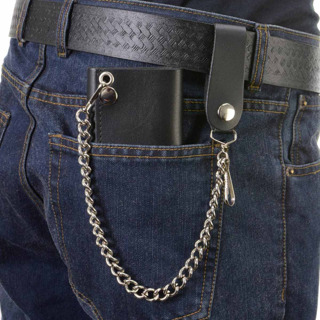Milwaukee Leather MLW7831 Men's 4" Classic Black Plain Genuine Leather Tri-Fold Biker Wallet w/ Anti-Theft Stainless Steel Chain