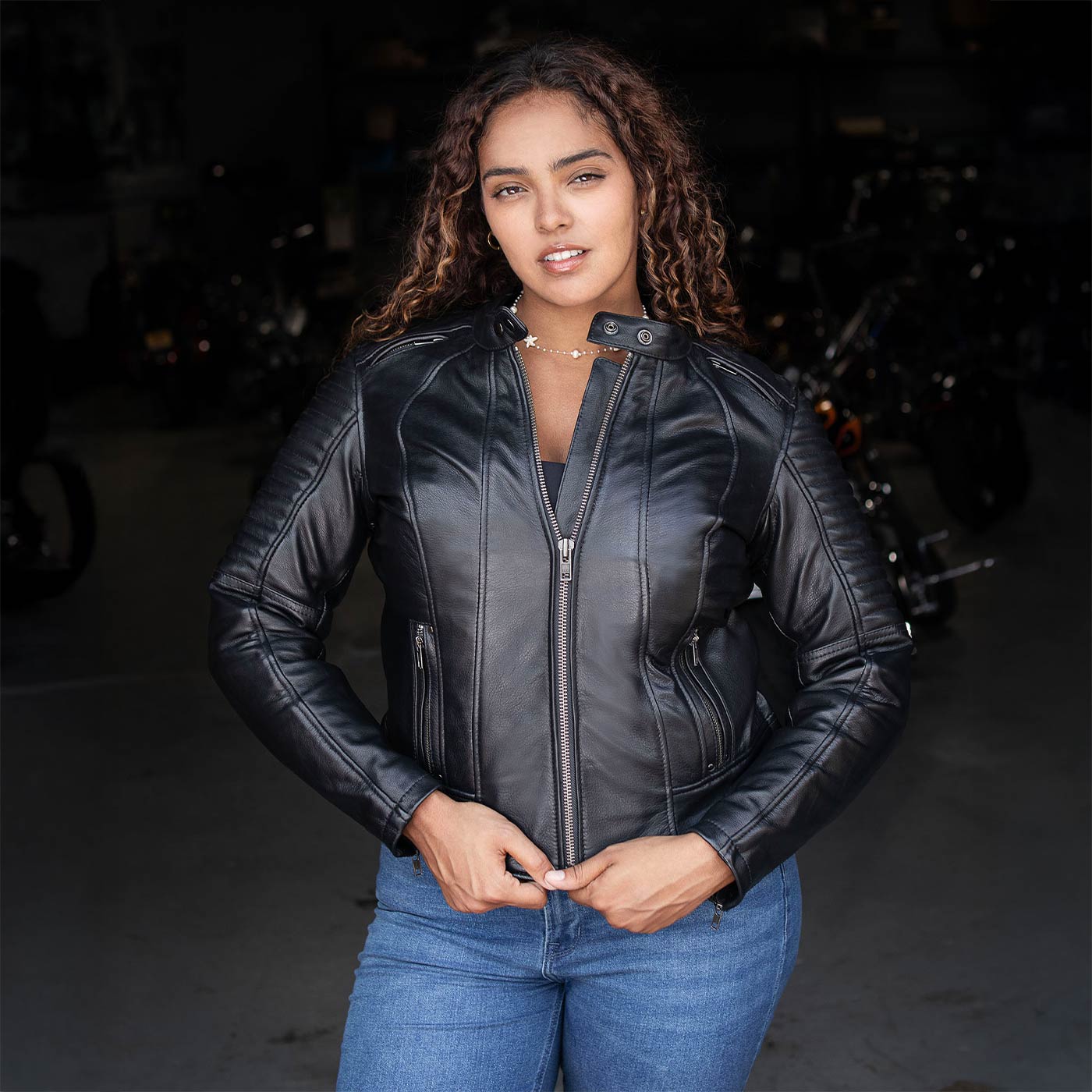 Milwaukee Motorcycle Clothing Co. Women's Foxy Scooter Style Black Premium Leather Jacket w/ Mandarin Collar MMC20000