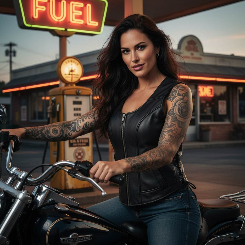 Milwaukee Motorcycle Clothing Co. Women's Rave Black Premium Leather Deep Neck Side Lace Vest MMC40000