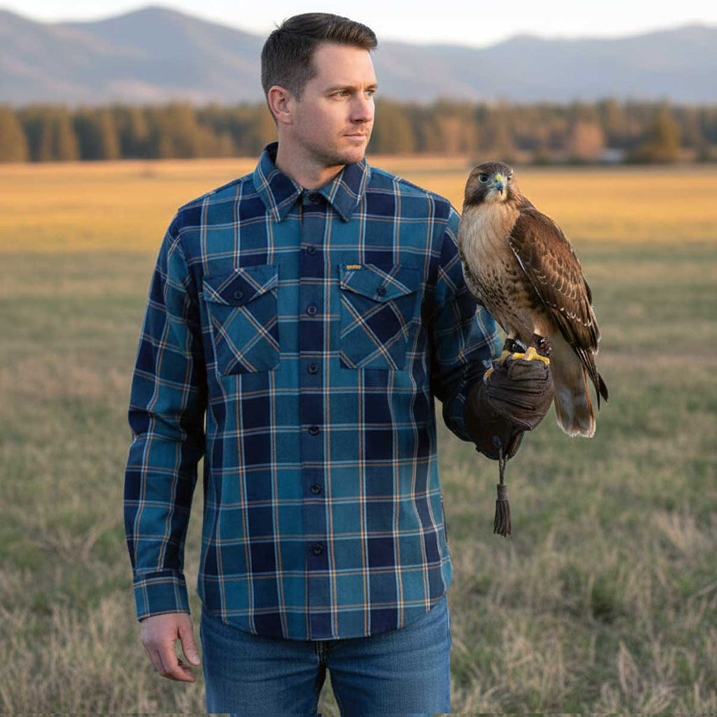 MMCC The Kraken Men's Blue Teal Orange Plaid Flannel Shirt - 100% Cotton Long Sleeve Button-Up - MMC11600