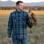MMCC The Kraken Men's Blue Teal Orange Plaid Flannel Shirt - 100% Cotton Long Sleeve Button-Up - MMC11600
