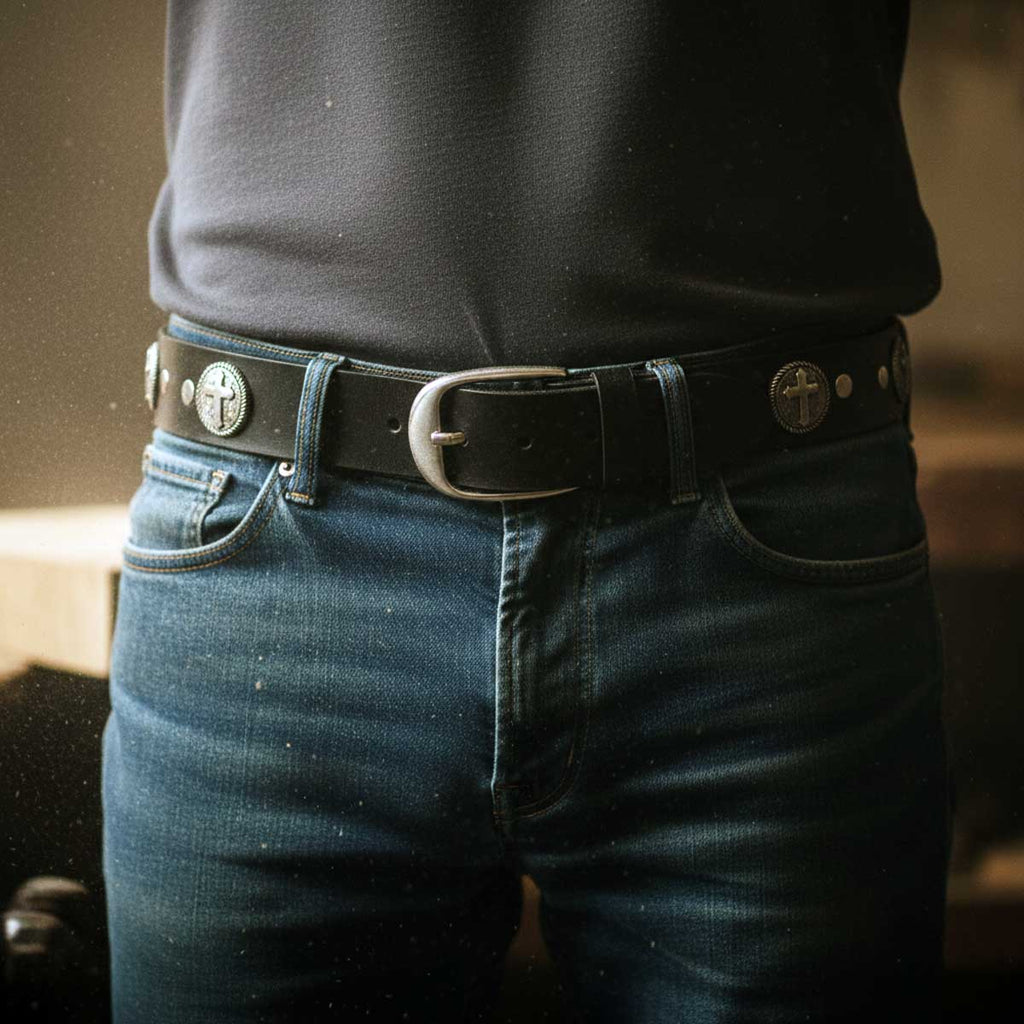 Milwaukee Leather MP7108 Men's Cross Circle Black Leather Belt w/ Interchangeable Buckle - 1.5 inches Wide
