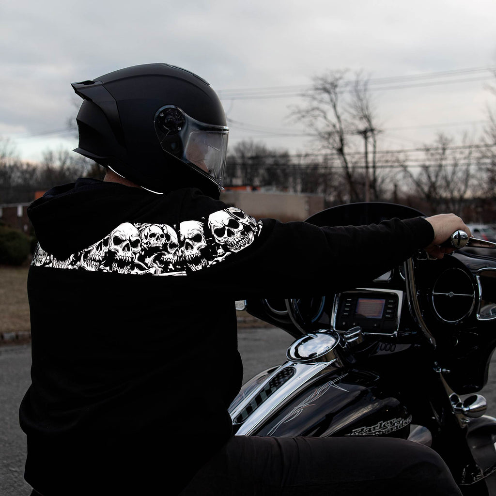 MMCC Men’s Bare Bones Hoodie - Reflective Skull Graphics Front & Back, Full Zip, 100 % Cotton - MPM1681