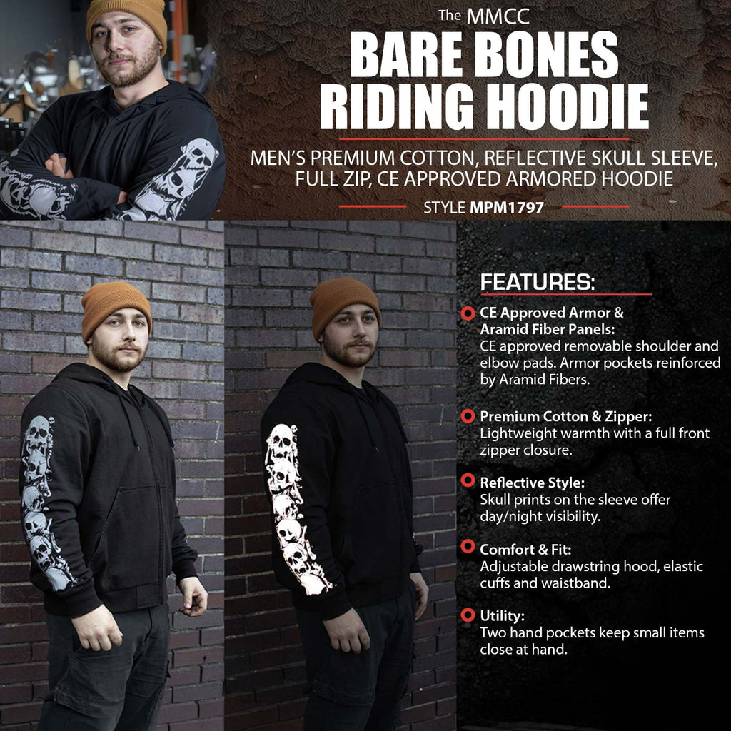 Milwaukee Leather Men's Bare Bones Black Reflective CE Armored Riding Hoodie, Shoulder and Elbow Armor - MPM1797