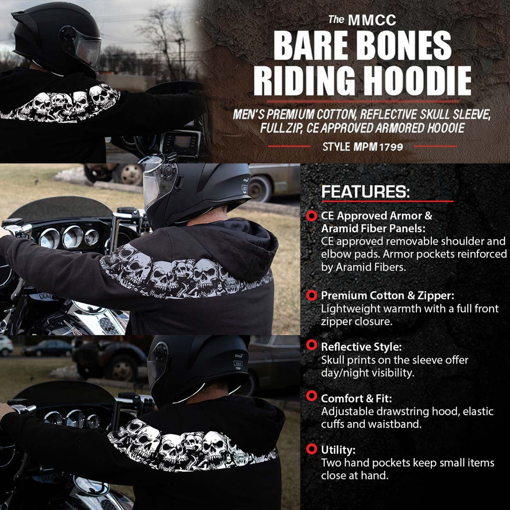 Milwaukee Leather Men's Bare Bones Black Reflective CE Armored Riding Hoodie, Shoulder and Elbow Armor - MPM1798