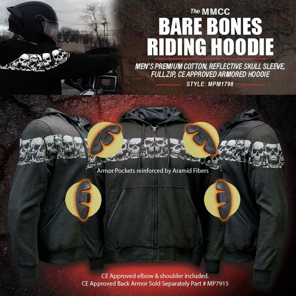 Milwaukee Leather Men's Bare Bones Black Reflective CE Armored Riding Hoodie, Shoulder and Elbow Armor - MPM1798