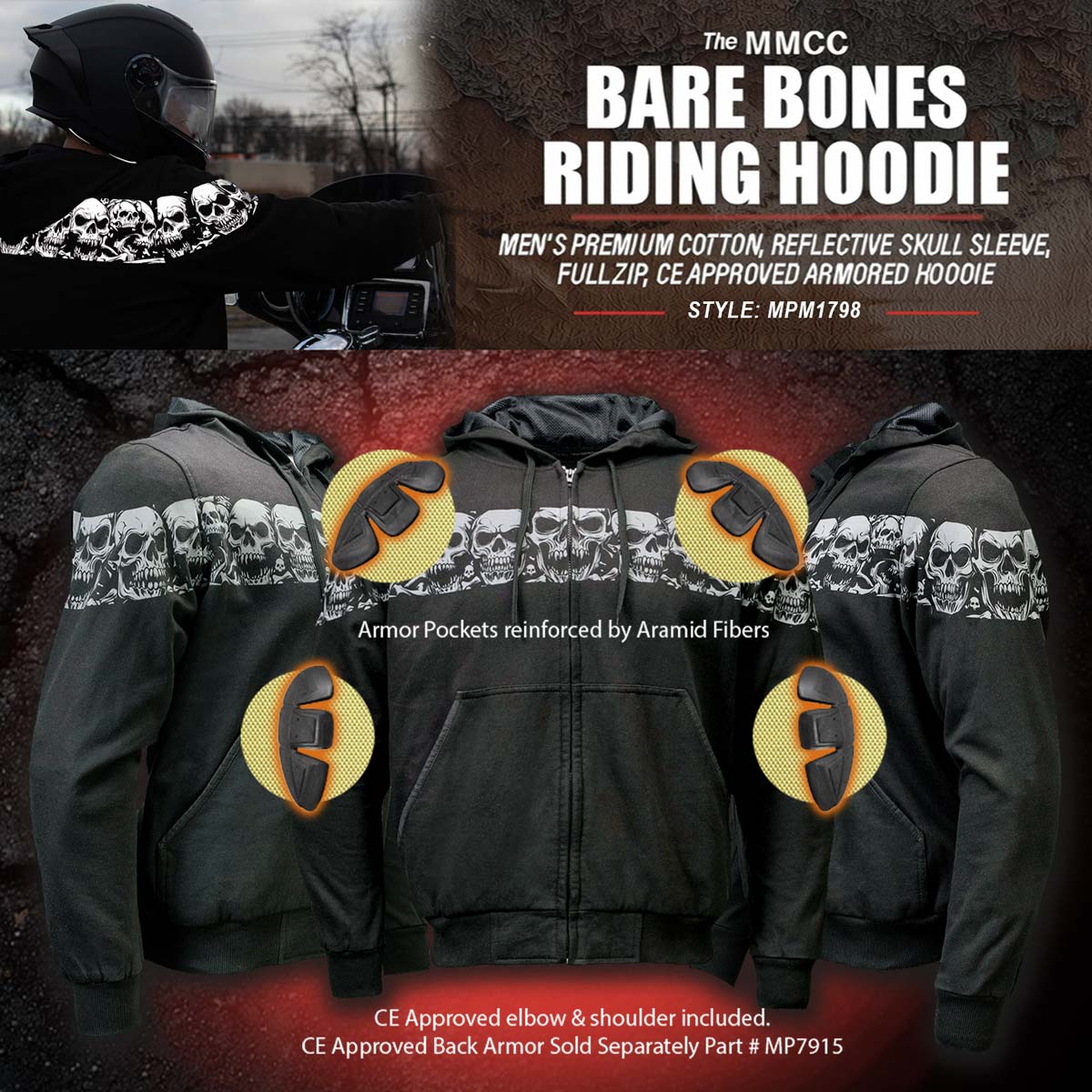 Milwaukee Leather Men's Bare Bones Black Reflective CE Armored Riding Hoodie, Shoulder and Elbow Armor - MPM1798