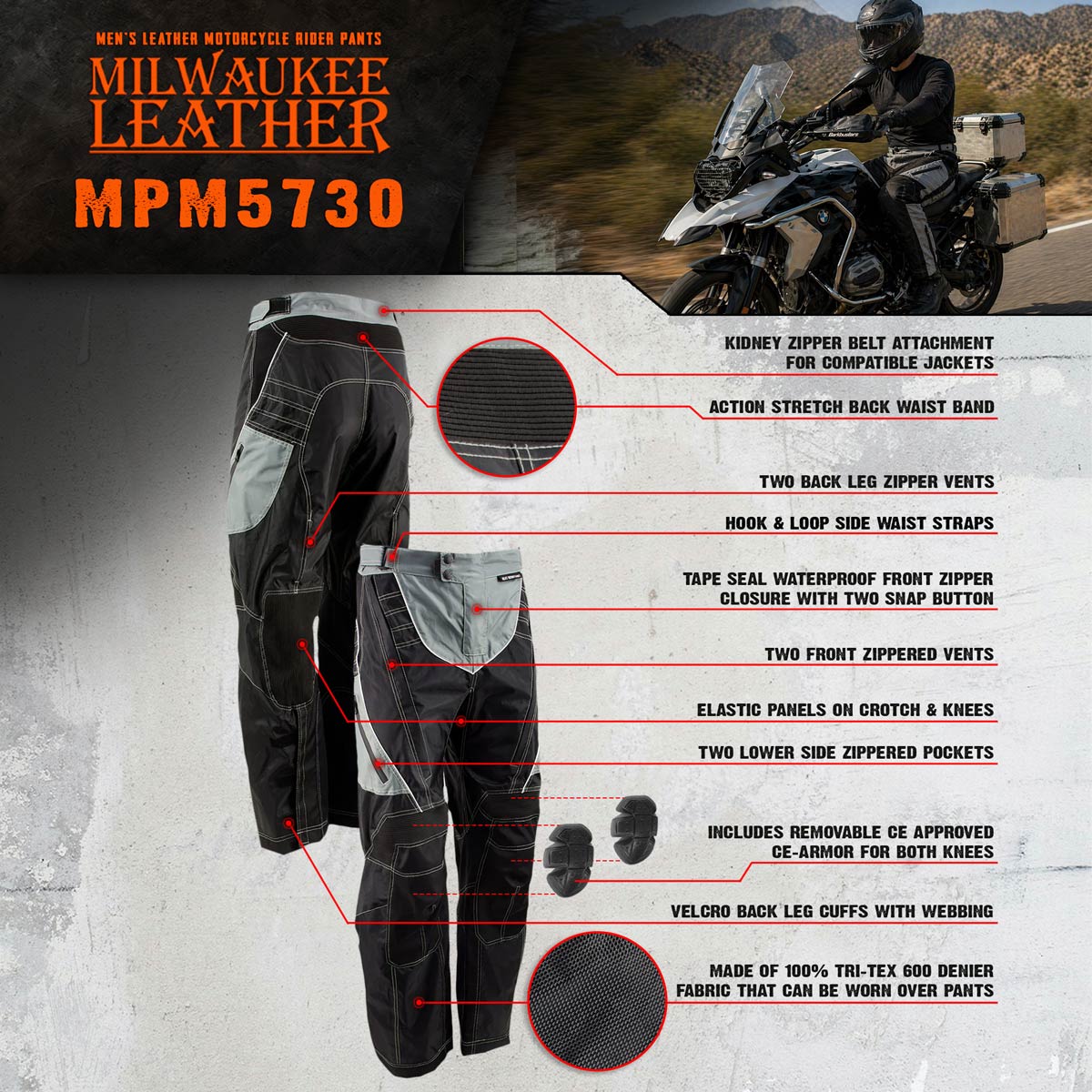 Milwaukee Leather MPM5730 Men's Black and Grey Tri-Tex Fabric Motorcycle Rider Pants w/ CE Armor Protection