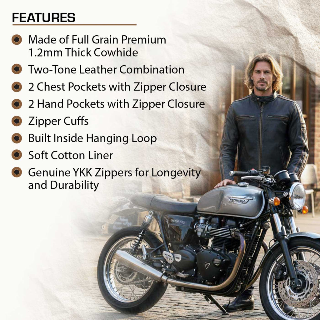 Milwaukee Leather Men’s Copperline Black Leather Moto Café Racer Jacket, Stand Collar, 6 Pockets - SFM1816