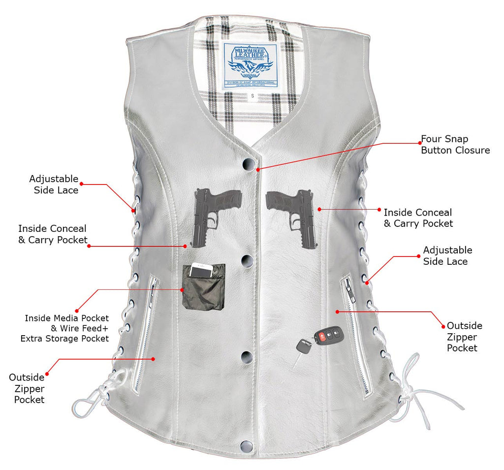 Milwaukee Leather LKL4710 Women's Black Premium Leather Motorcycle Biker Rider Vest w/ Snap Button Closure