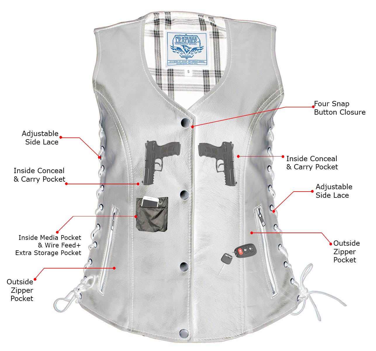 Milwaukee Leather LKL4710 Women's Black Premium Leather Motorcycle Biker Rider Vest w/ Snap Button Closure