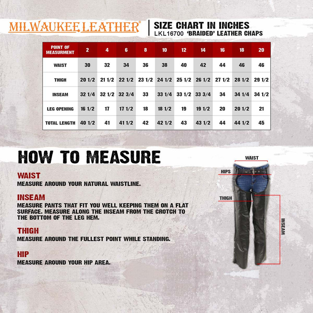 Milwaukee Leather Women's Black Braided Leather Motorcycle Chaps w/ Stretch Panels, Adjustable Fit - LKL16700