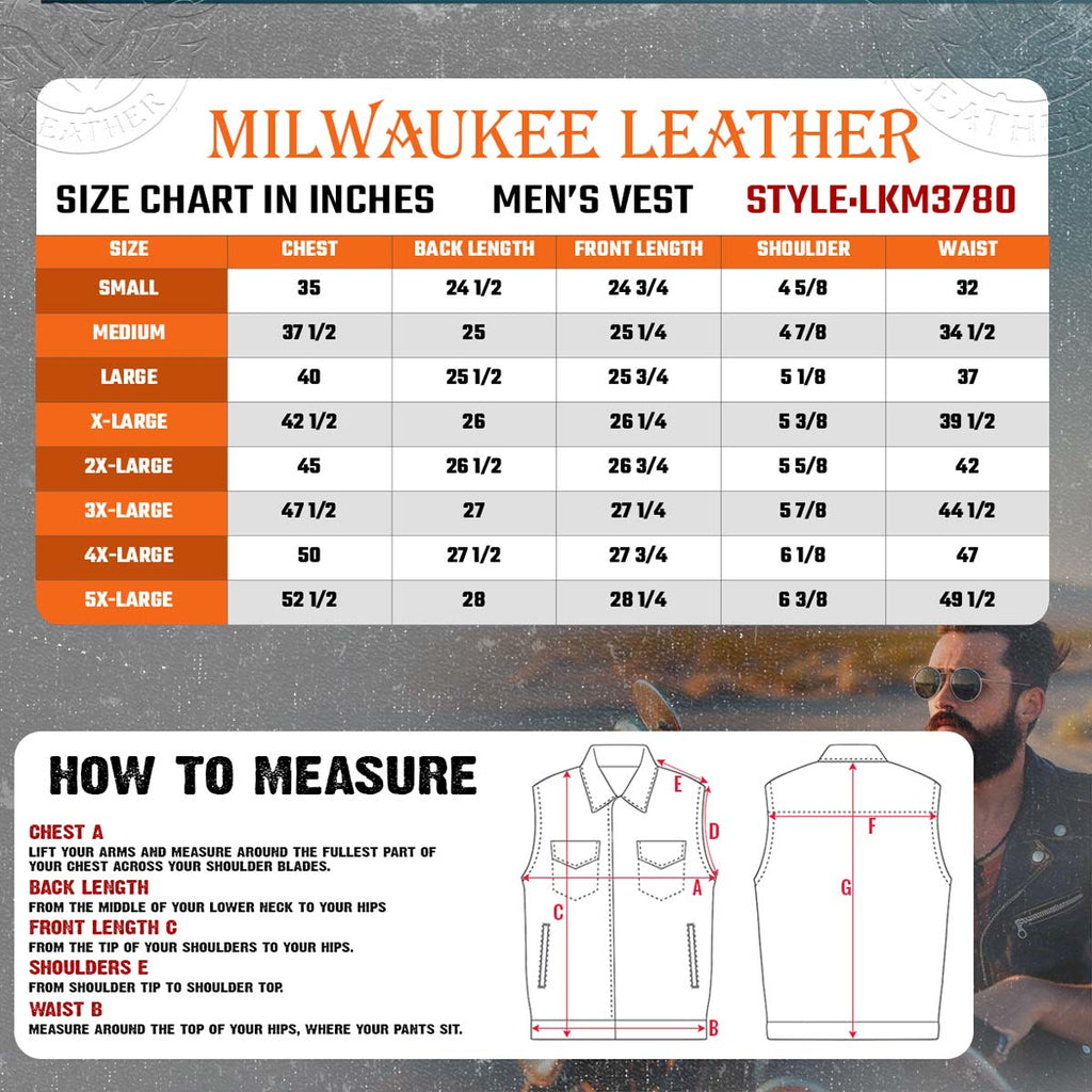Milwaukee Leather LKM3780 Men's Black Premium Leather Motorcycle Rider Vest w/ Red Stitching and USA Inside Flag Lining
