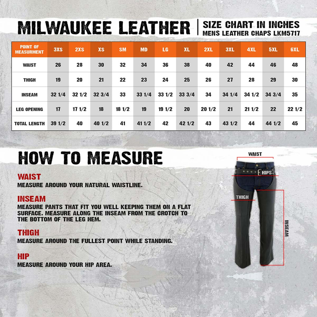 Milwaukee Leather LKM5717 Men's Flat Black Premium Leather Motorcycle Rider Biker Chaps w/ Jean Pockets