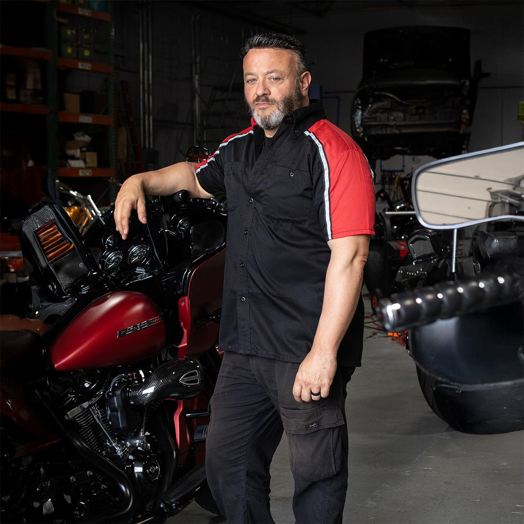 Milwaukee Motorcycle Clothing Co. Men’s Blk/Red Mechanic Work Shirt – w / Reflective Strip, Rider‑Built MDM11606