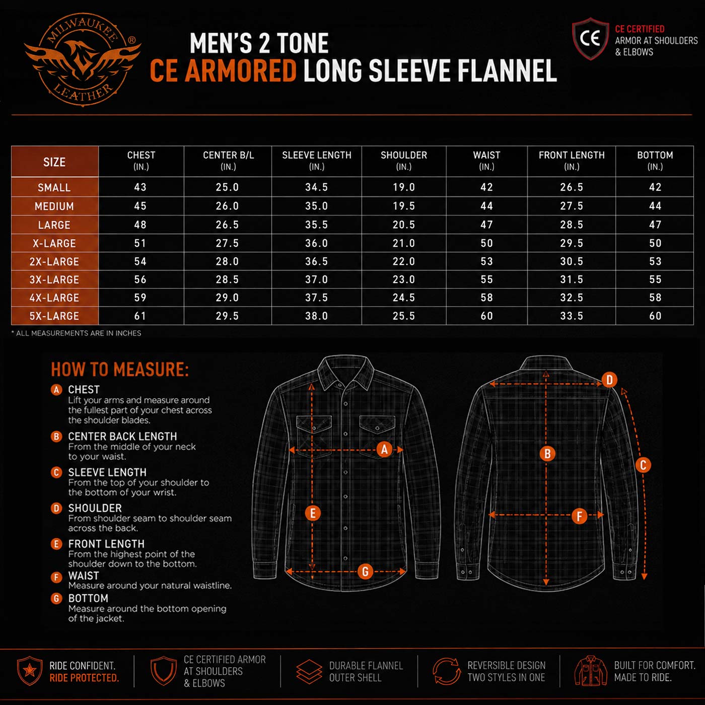 Milwaukee Leather Men’s Two-Tone CE Armored Flannel - Solid Front / Plaid Back - Reinforced w/ Aramid Fibers - MPM1670