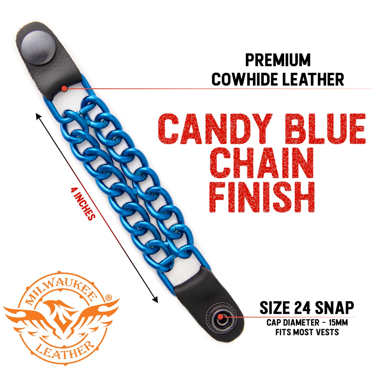 Milwaukee Leather MLA6097 Candy Blue 4 Inch 4-PCS Vest Extender Set - Double Chrome Chains w/ Genuine Leather